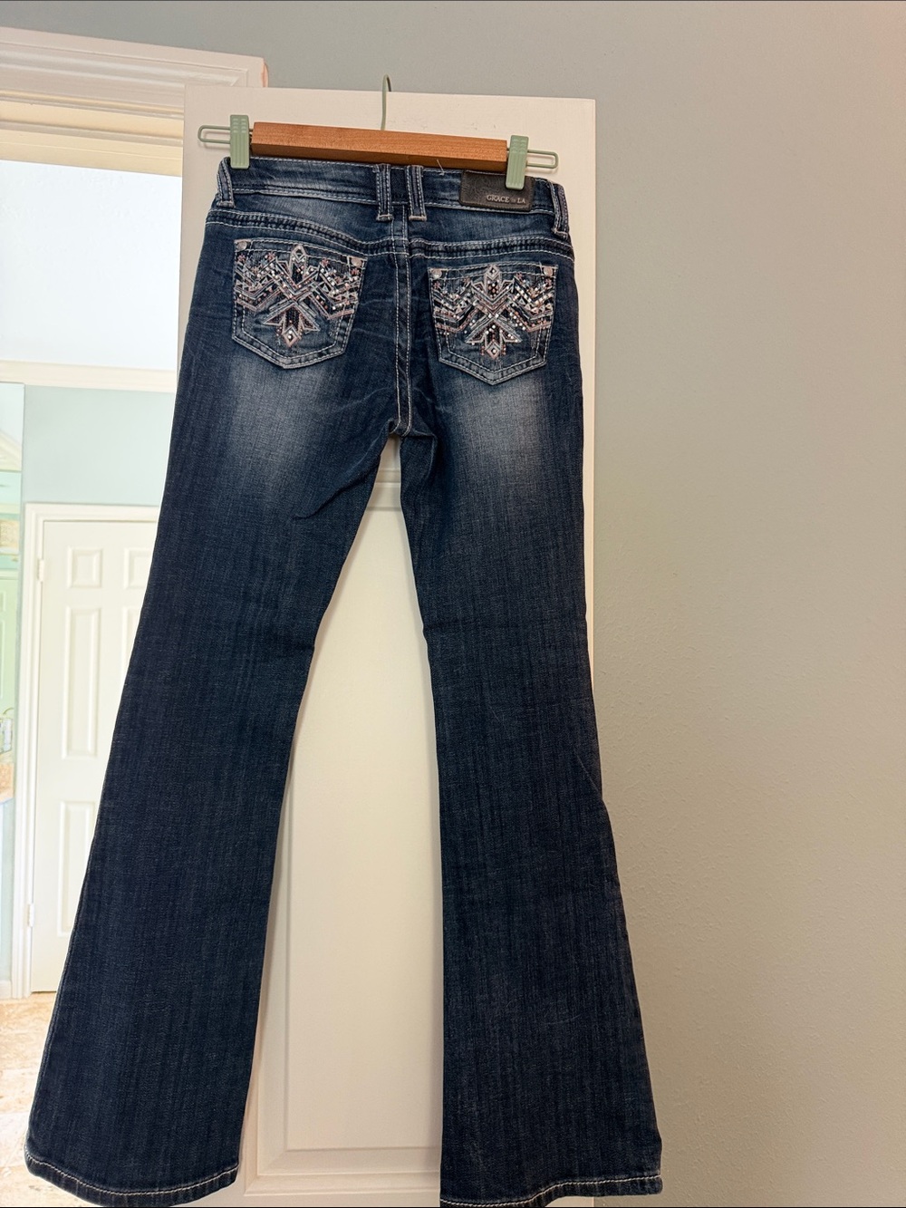 Grace in LA Dark Blue Embroidered Back Pocket Flare Jeans/ teen or tiny woman